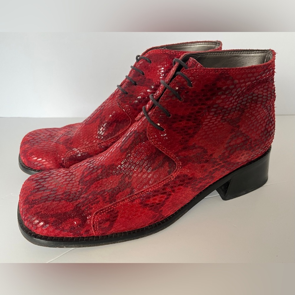 Vintage Style Python Snake Embossed Italian Leather Lace Up Boots Size 37